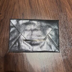 BCBG MAX AZRIA Black Silver Metallic Foldover Envelope Clutch Purse Handbag
